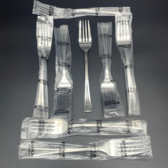 NOS Northland Stainless Korea Pasadena Rose Set of 8 Dinner Forks MCM Flatware - Picture 1 of 7